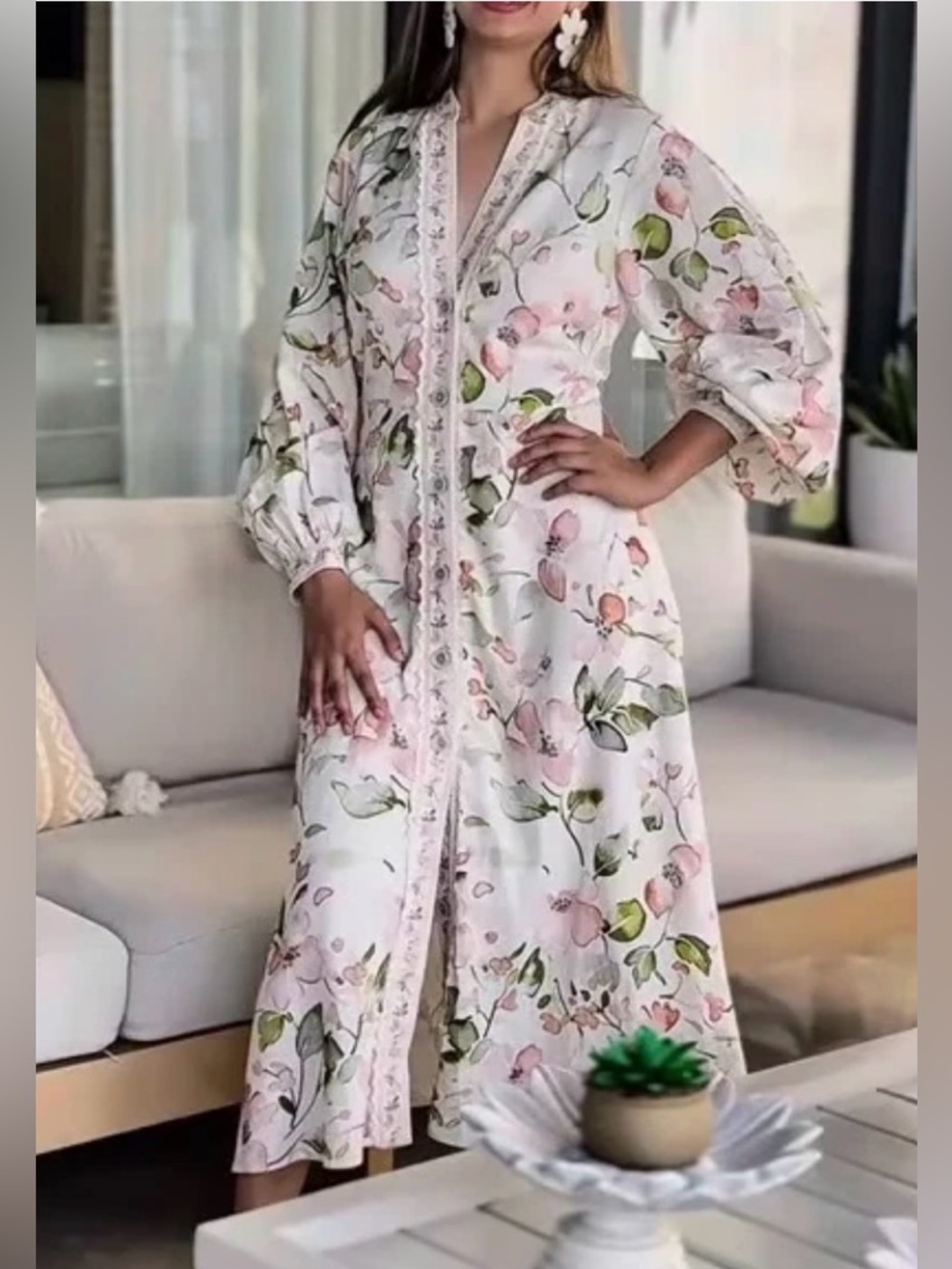 Caroline Constas Floral Linen Blend Midi Dress, Long Sleeve XS